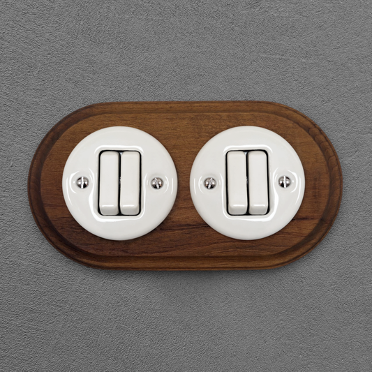 Wooden Frame Double Porcelain Light Switch Loft Retro 2-gang Two-way Flush-Mounting Vintage Cottage Ceramic Dark Brown With White