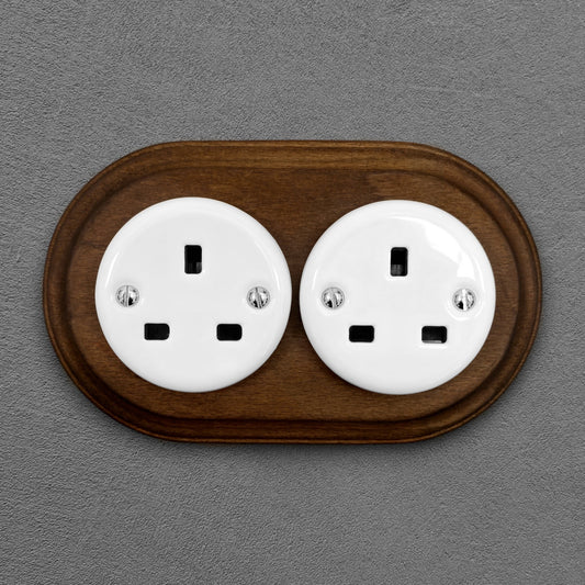 Retro style White Ceramic Double UK Type socket Plug UK 3 Prong Flushed-Mounted Vintage Cottage Dark Wood Frame
