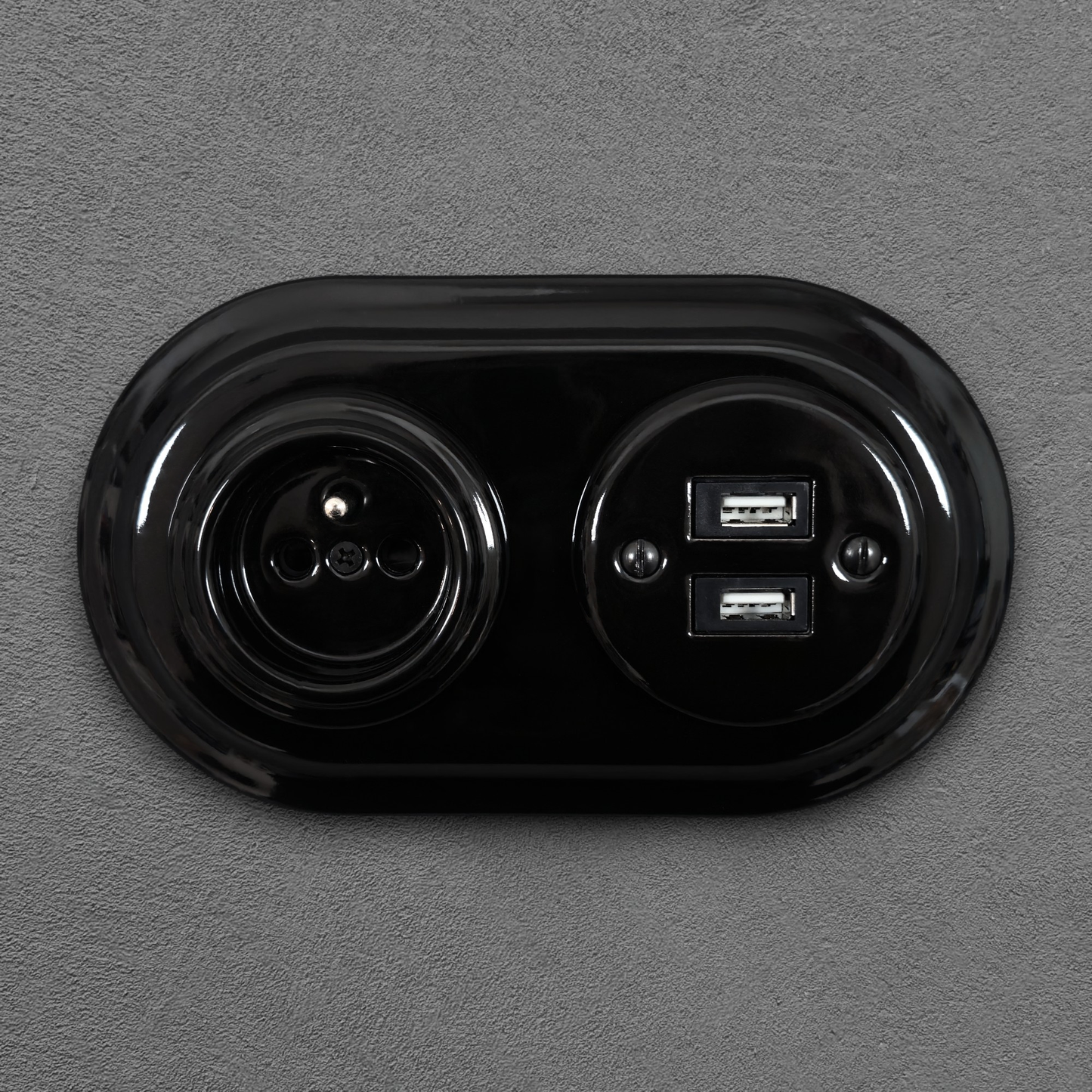 Black porcelain Type F socket with 2xUSB-A, flush-mount, front