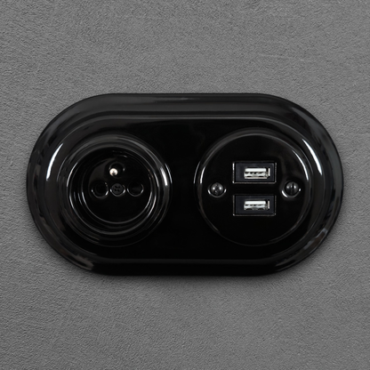 Black porcelain Type F socket with 2xUSB-A, flush-mount, front