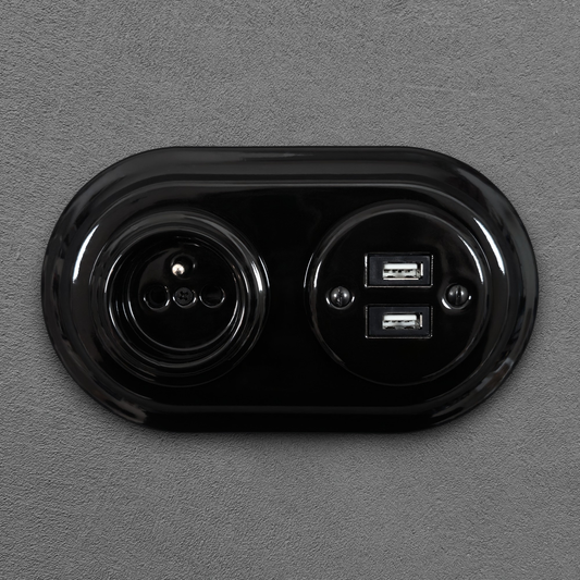 Retro Style Black Ceramic French And 2xUSB Charging Socket SET Flushed-Mounted
