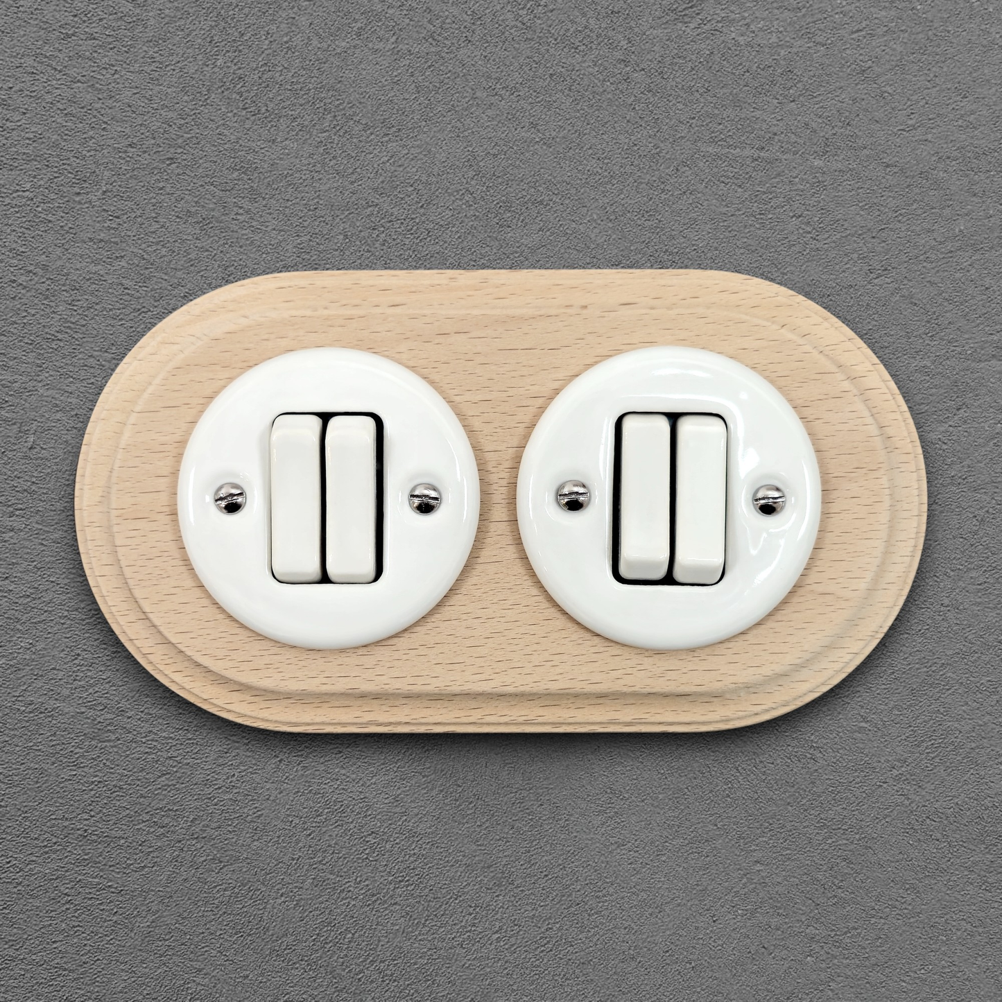double white porcelain 2gang2way light switch wood frame, flush-mount, front