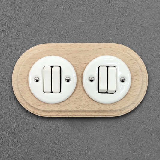 Wooden Frame Double Porcelain Light Switch Loft Retro 2-gang Two-way Flush-Mounting Vintage Cottage Ceramic Natural Beige With White