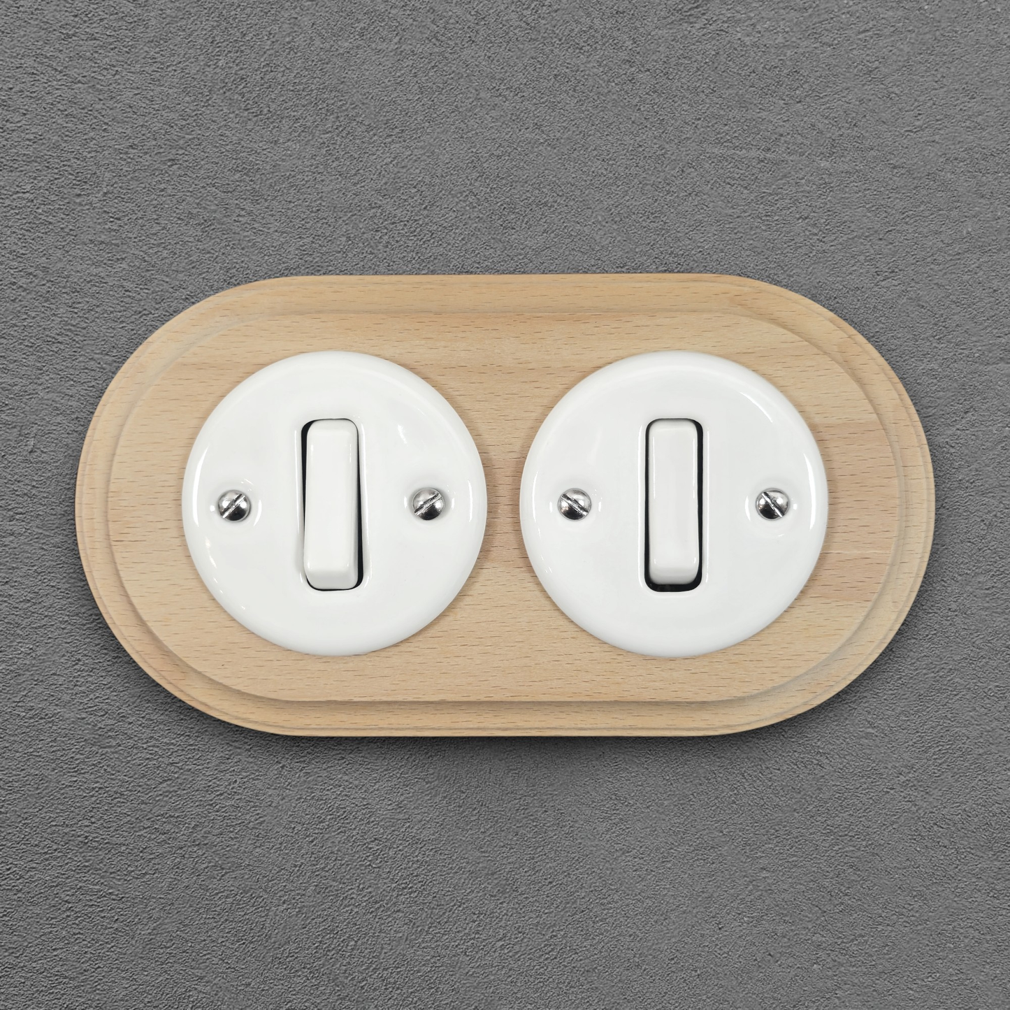 Wooden Frame Double Porcelain Light Switch Loft Retro 1-gang Two-way Flush-Mounting Vintage Cottage Ceramic Natural Wood With White