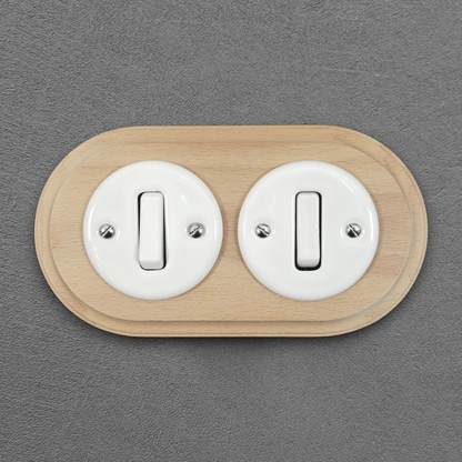 Wooden Frame Double Porcelain Light Switch Loft Retro 1-gang Two-way Flush-Mounting Vintage Cottage Ceramic Natural Wood With White