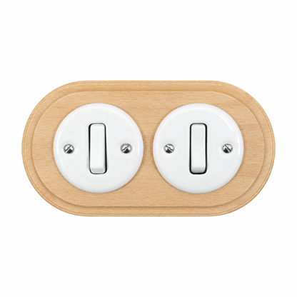 Flush Mount 1-Gang 2-Way Rocker Light Switch - Double in White Porcelain & Light Wood