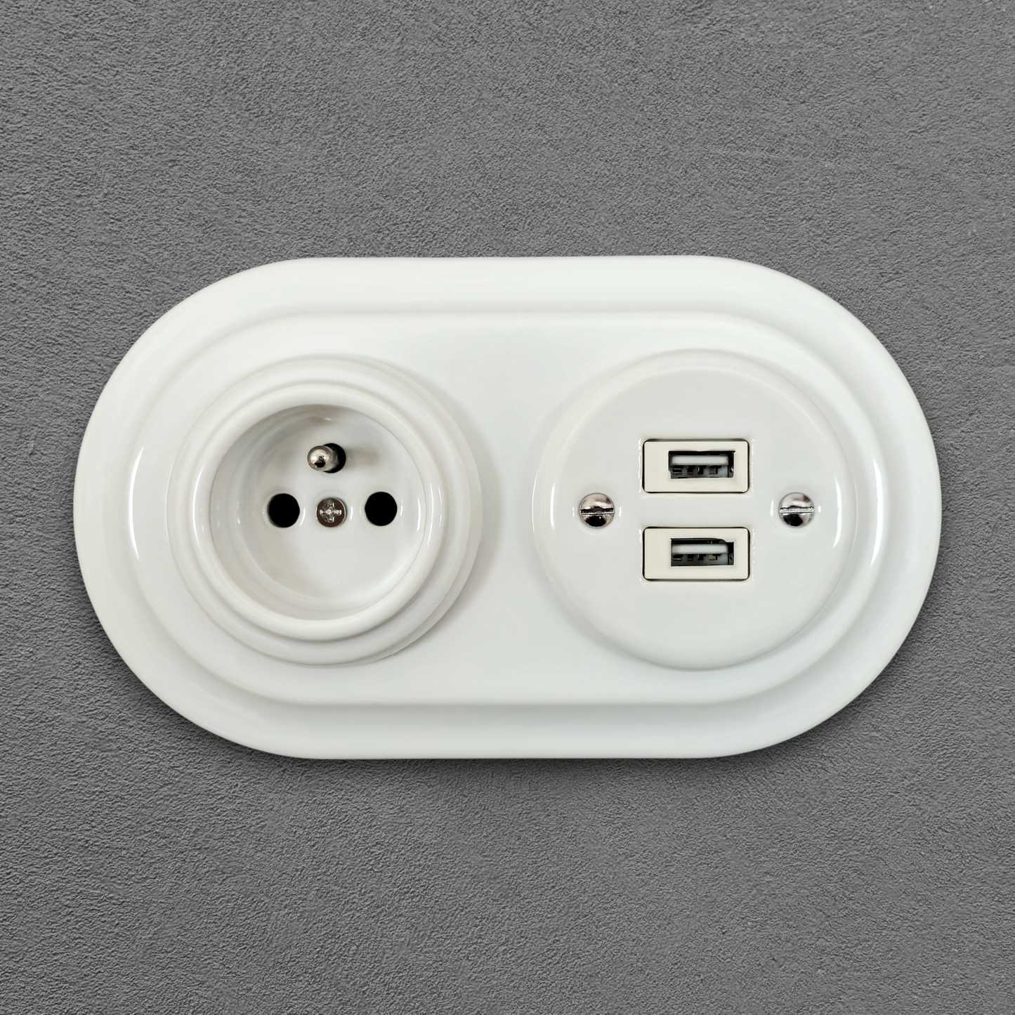 Porcelai USB French Socket – Retro Loft Style | Vintage Design, Flush-Mounted White