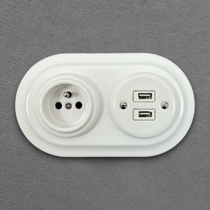 Porcelai USB French Socket – Retro Loft Style | Vintage Design, Flush-Mounted White