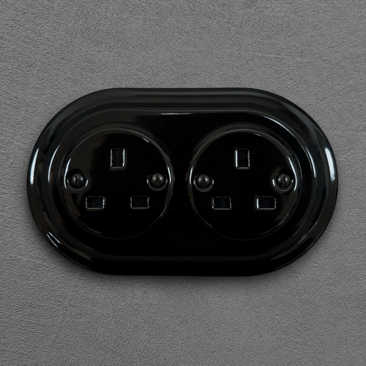 Retro style Black Ceramic Double UK Type socket Plug UK 3 Prong Flushed-Mounted Vintage Cottage