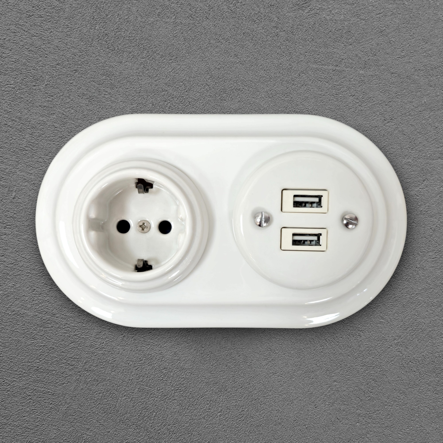 Retro Style White Ceramic German Schuko And 2xUSB Charging Socket SET Flushed-Mounted
