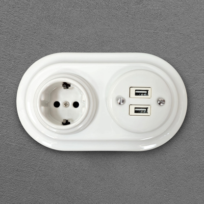 Retro Style White Ceramic German Schuko And 2xUSB Charging Socket SET Flushed-Mounted