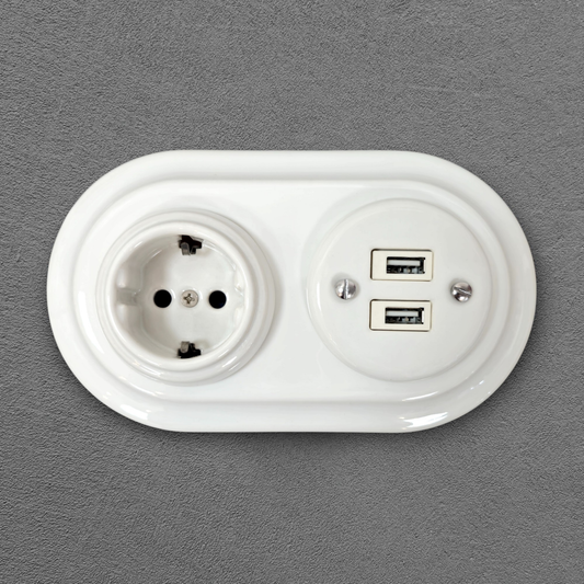 Retro Style White Ceramic German Schuko And 2xUSB Charging Socket SET Flushed-Mounted