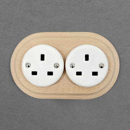Retro Style White Ceramic Double UK Type Socket Natural Wood Frame Flushed-Mounted