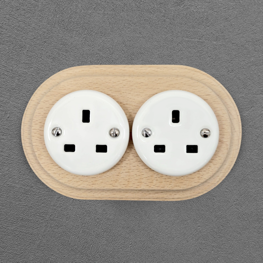 Retro Style White Ceramic Double UK Type Socket Natural Wood Frame Flushed-Mounted