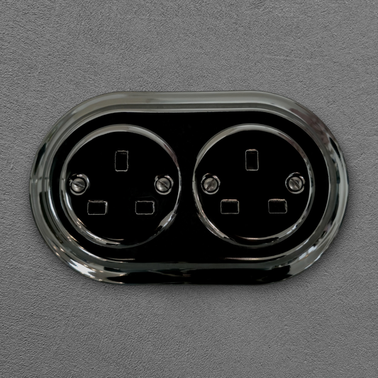 Retro style Black Ceramic Double UK Type socket Plug UK 3 Prong Flushed-Mounted Vintage Cottage