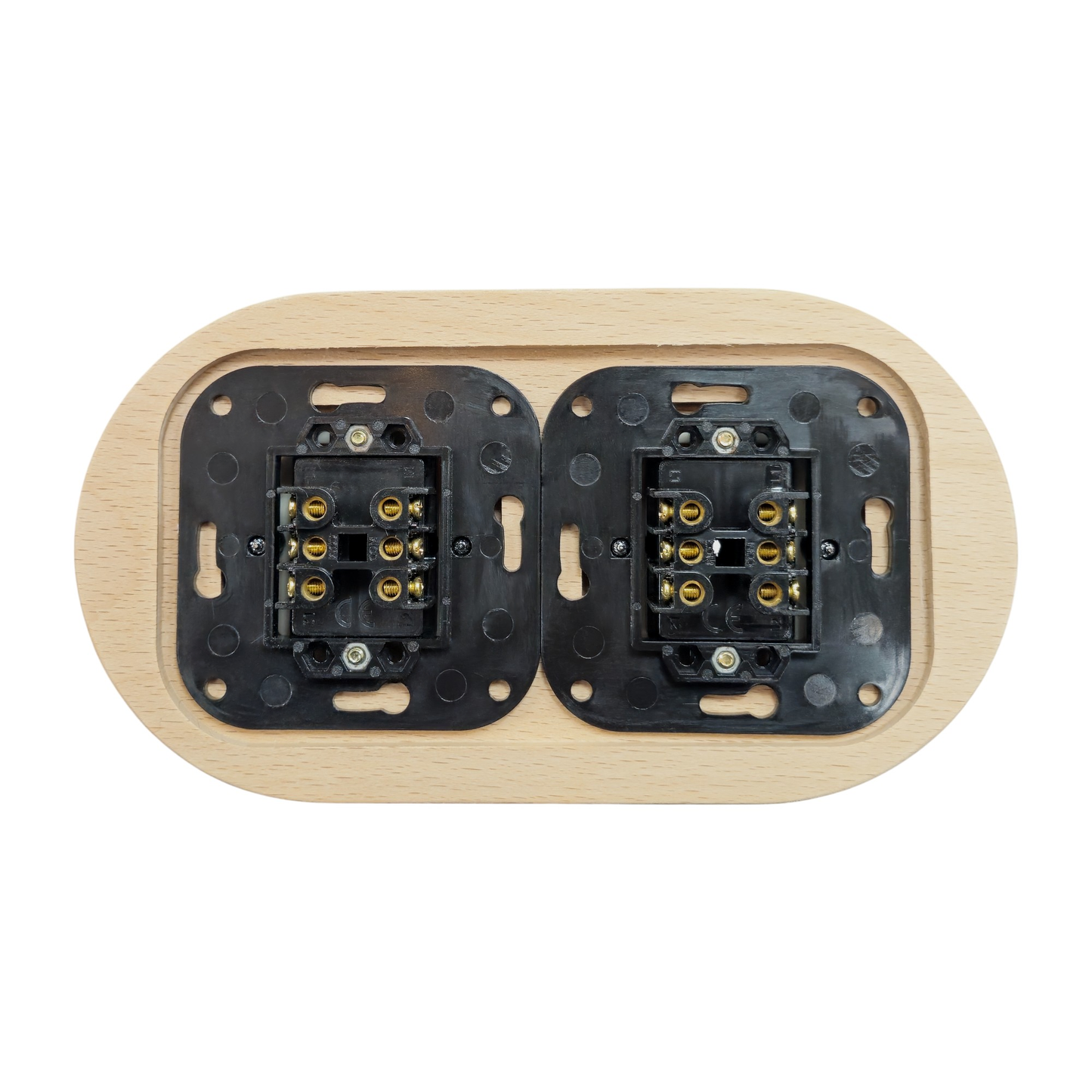 double white porcelain 2gang2way light switch wood frame, flush-mount, back