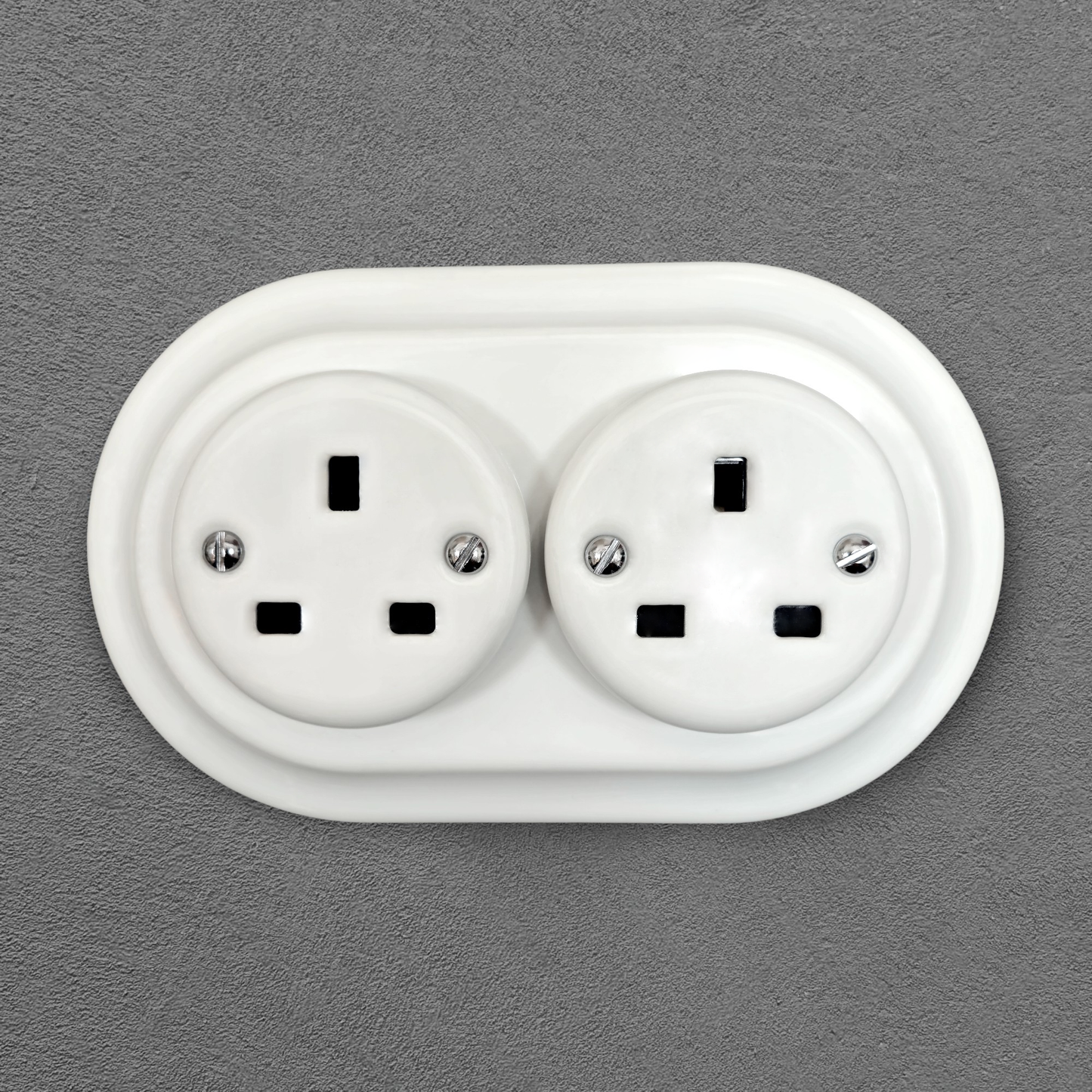 Retro style White Ceramic Double UK Type socket Plug UK 3 Prong Flushed-Mounted Vintage Cottage