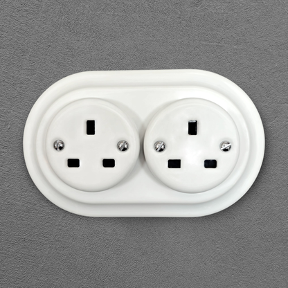 Retro style White Ceramic Double UK Type socket Plug UK 3 Prong Flushed-Mounted Vintage Cottage