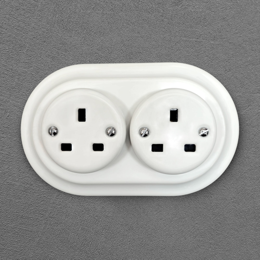 Retro style White Ceramic Double UK Type socket Plug UK 3 Prong Flushed-Mounted Vintage Cottage