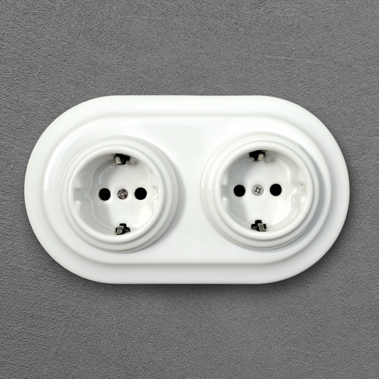 Double Power Socket Porcelain Loft Retro Electrical German Schuko Flush-Mounting Vintage Cottage Ceramic White