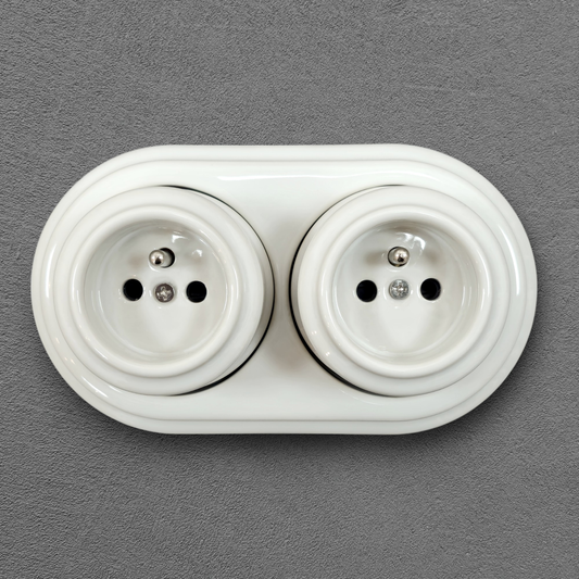 Surface-Mounting Double Frame French Power Socket Porcelain Loft Retro Electrical Vintage Cottage Ceramic White