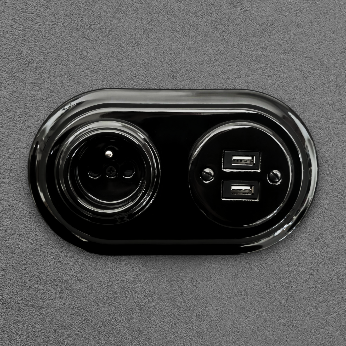 Retro Style Black Ceramic French And 2xUSB Charging Socket SET Flushed-Mounted