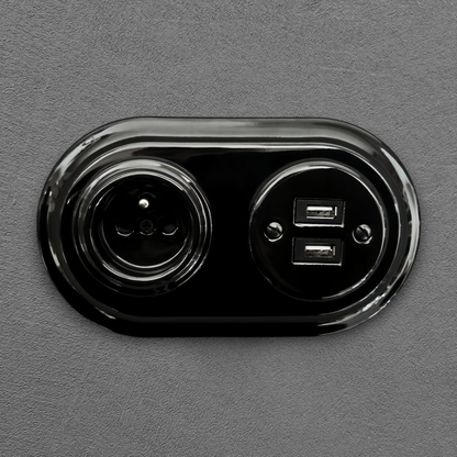 Retro Style Black Ceramic French And 2xUSB Charging Socket SET Flushed-Mounted