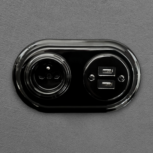 Retro Style Black Ceramic French And 2xUSB Charging Socket SET Flushed-Mounted