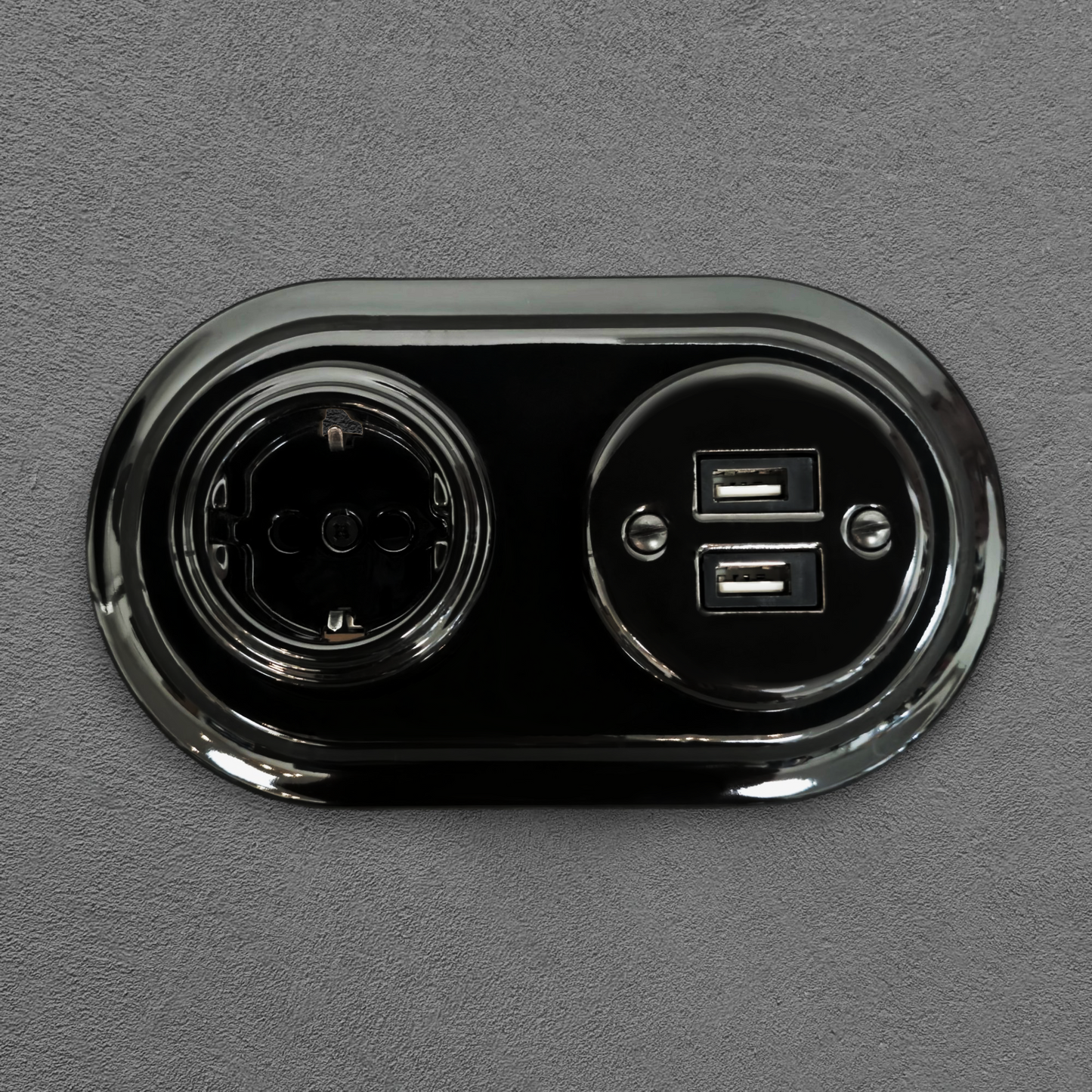 Retro Style Black Ceramic German Schuko And 2xUSB Charging Socket SET Flushed-Mounted