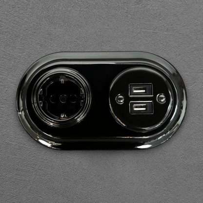 Retro Style Black Ceramic German Schuko And 2xUSB Charging Socket SET Flushed-Mounted