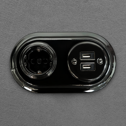 Retro Style Black Ceramic German Schuko And 2xUSB Charging Socket SET Flushed-Mounted