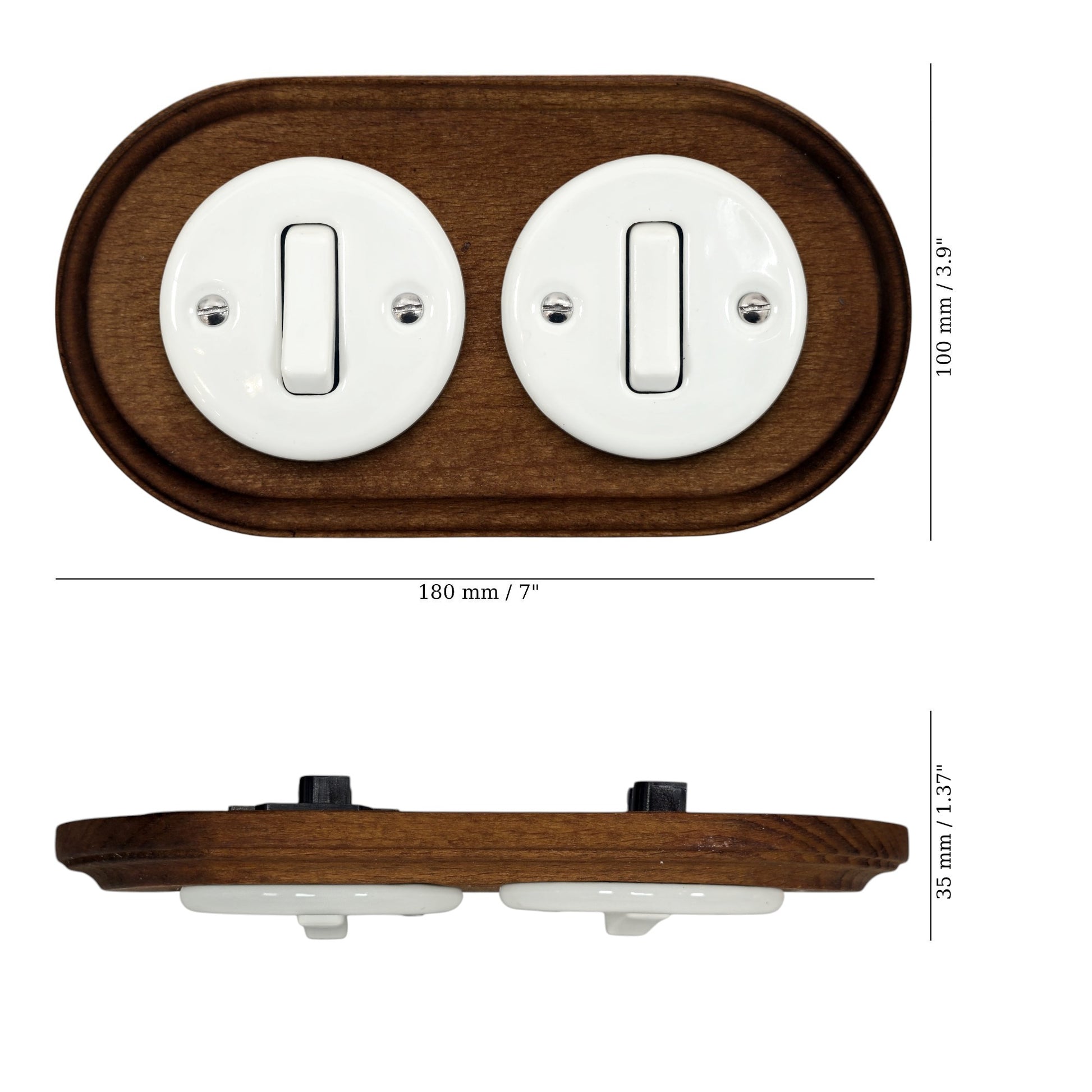 double white porcelain 1gang2way light switch dark wood frame, flush-mount, measurements