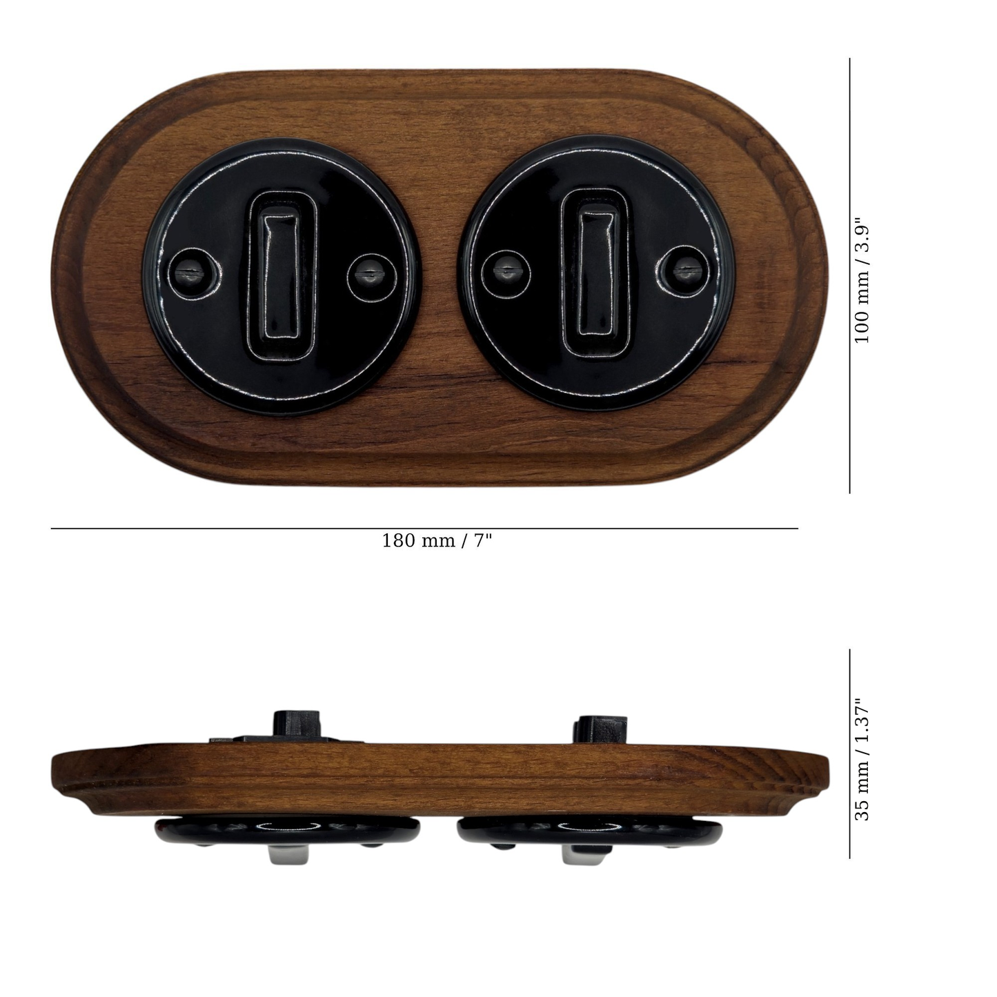 Retro Style Black Ceramic Slim Rocker Light Switch 1-Gang Two-Way With Dark Wood Frame Flushed-Mounted