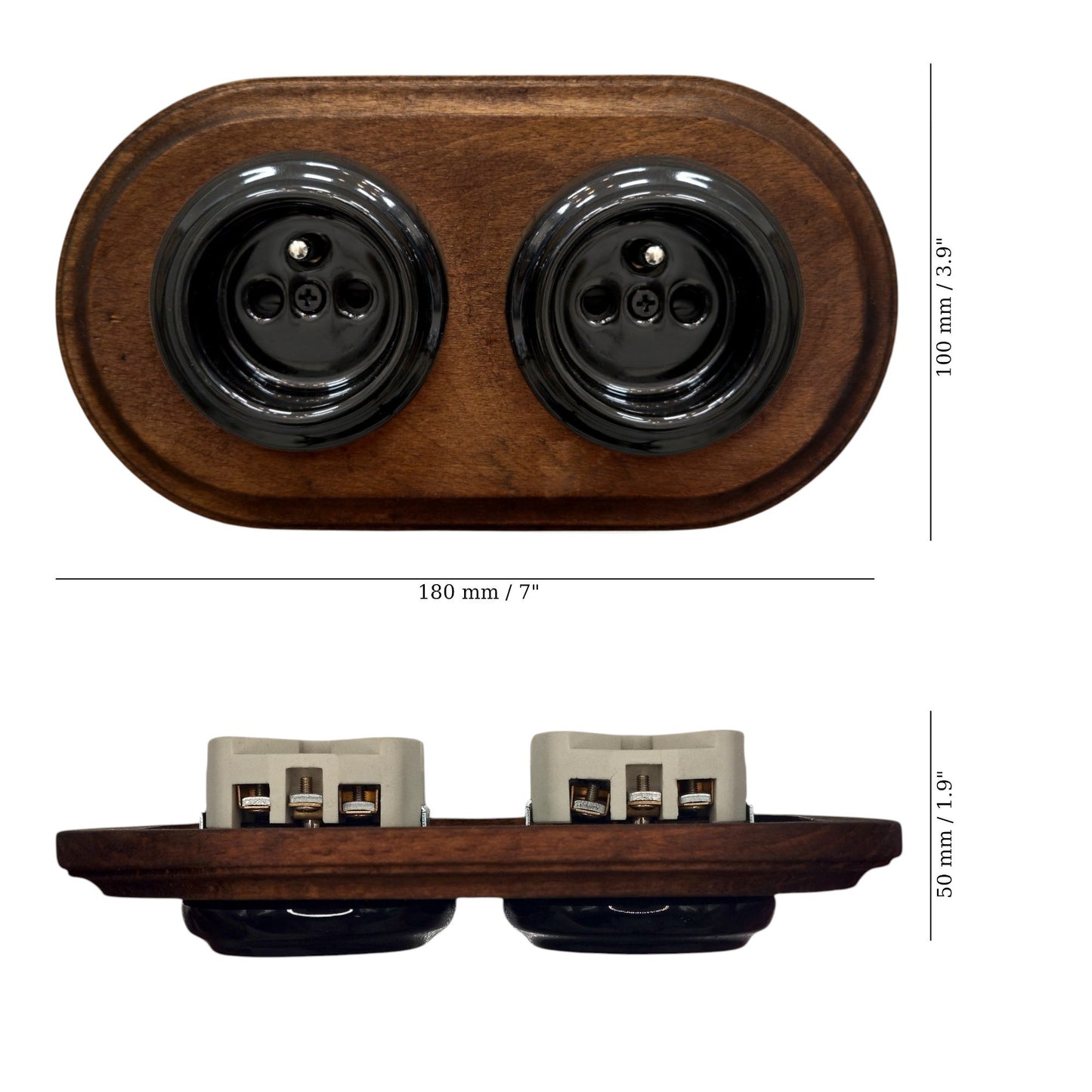 Double black French porcelain socket with dark wood frame, flush-mount, measurements