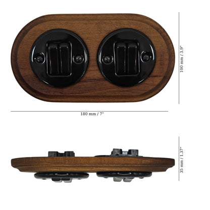 Retro Style Black Ceramic Slim Rocker Light Switch 2-Gang Two-Way With Dark Wood Frame Flushed-Mounted