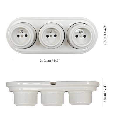 Triple Power French Socket Porcelain Surface Mounted Loft Retro Electrical 3 Socket Vintage Cottage Ceramic White