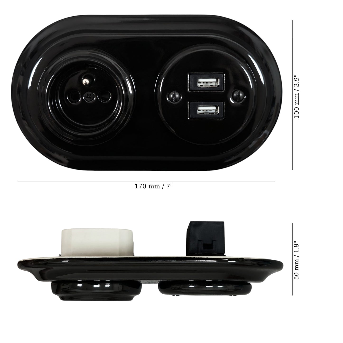Black porcelain Type F socket with 2xUSB-A, flush-mount, measurements