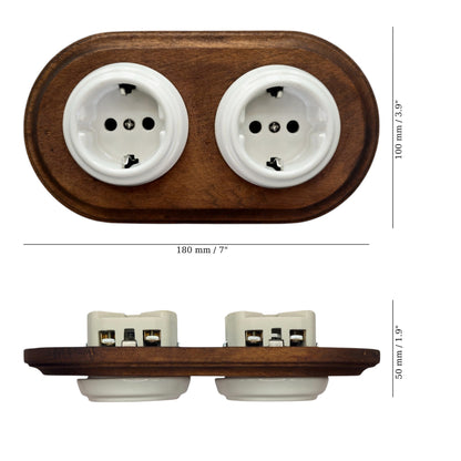 Double SCHUKO porcelain socket with dark wooden frame, white, flush-mounted, measurements