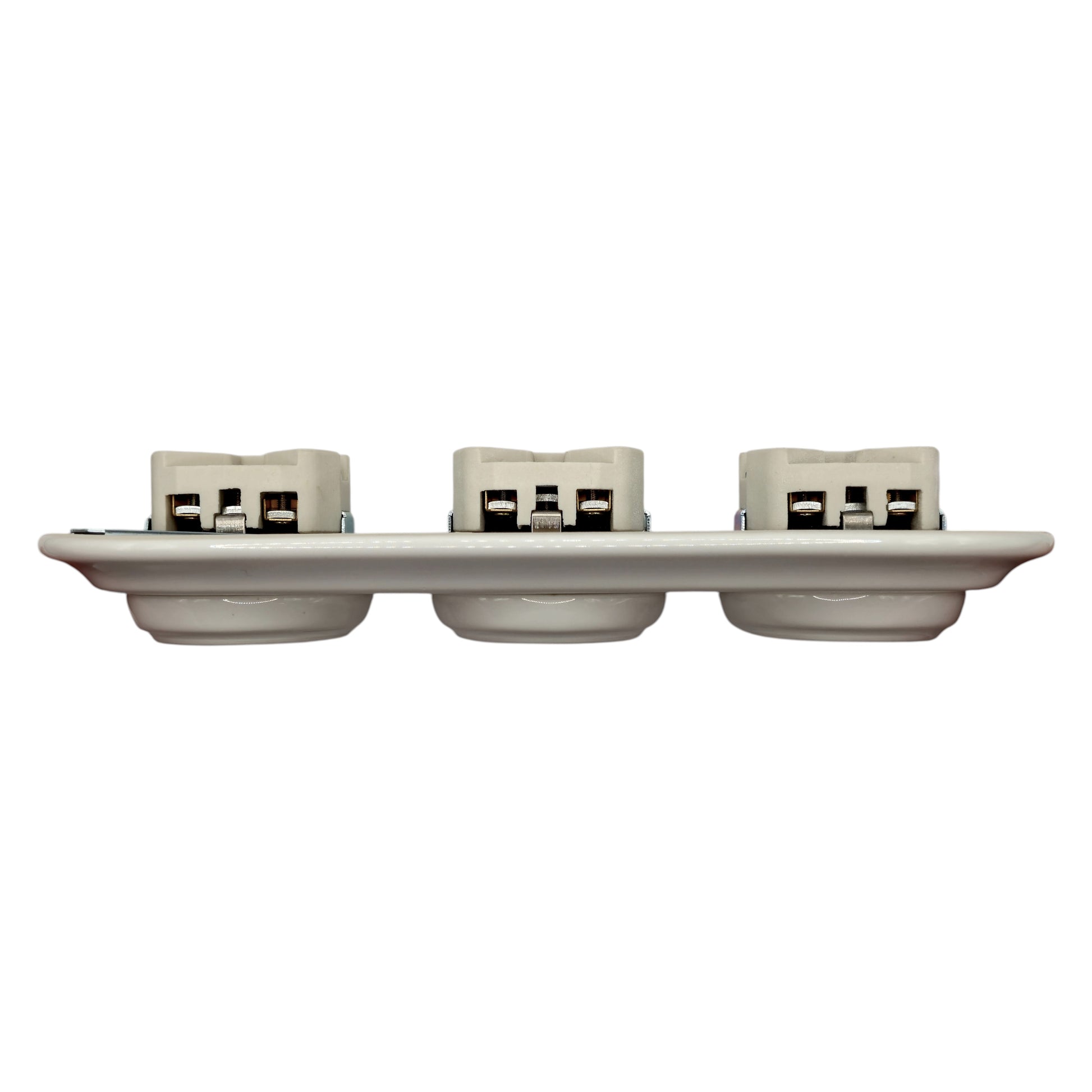 Triple SCHUKO porcelain socket, white, flush-mounted, angled view