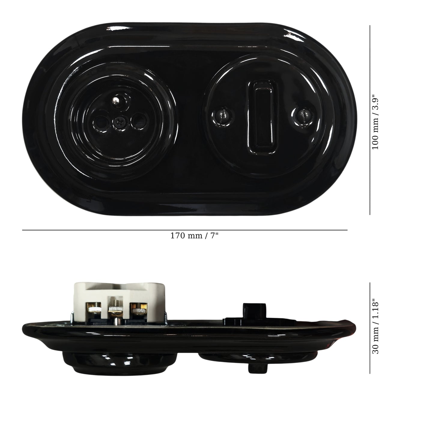 Black porcelain Type F socket with light switch, flush-mount, measurements