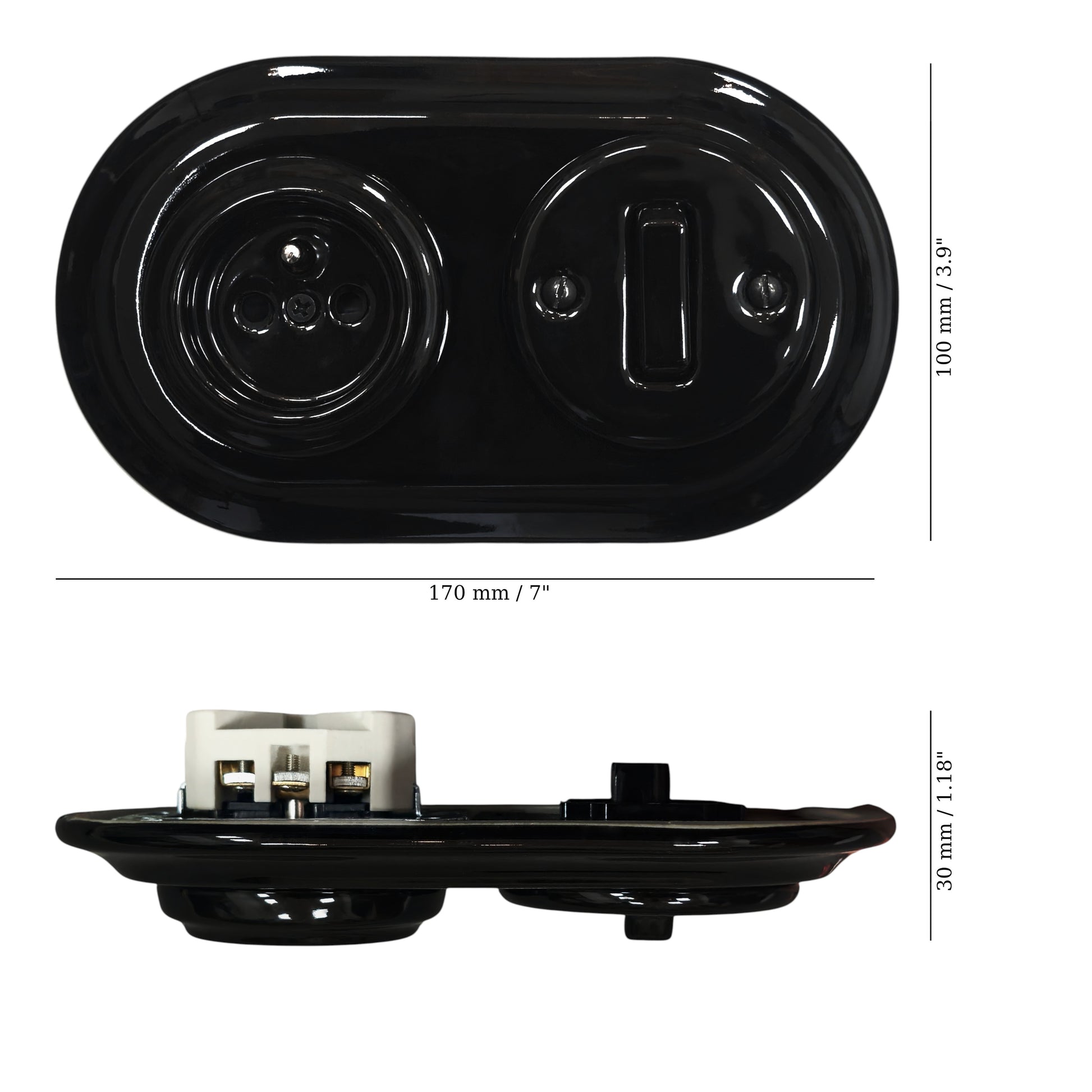 Black porcelain Type F socket with light switch, flush-mount, measurements