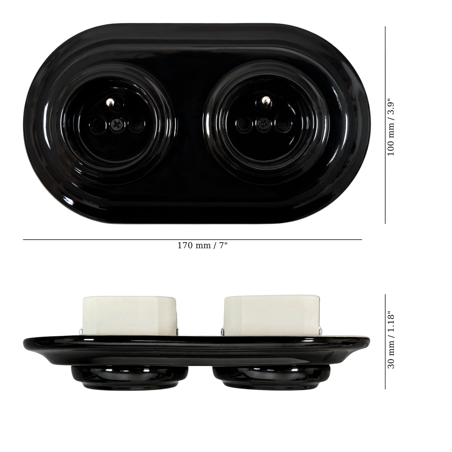 Flush-Mounting Double Frame French Power Socket Porcelain Loft Retro Electrical Vintage Cottage Ceramic Black