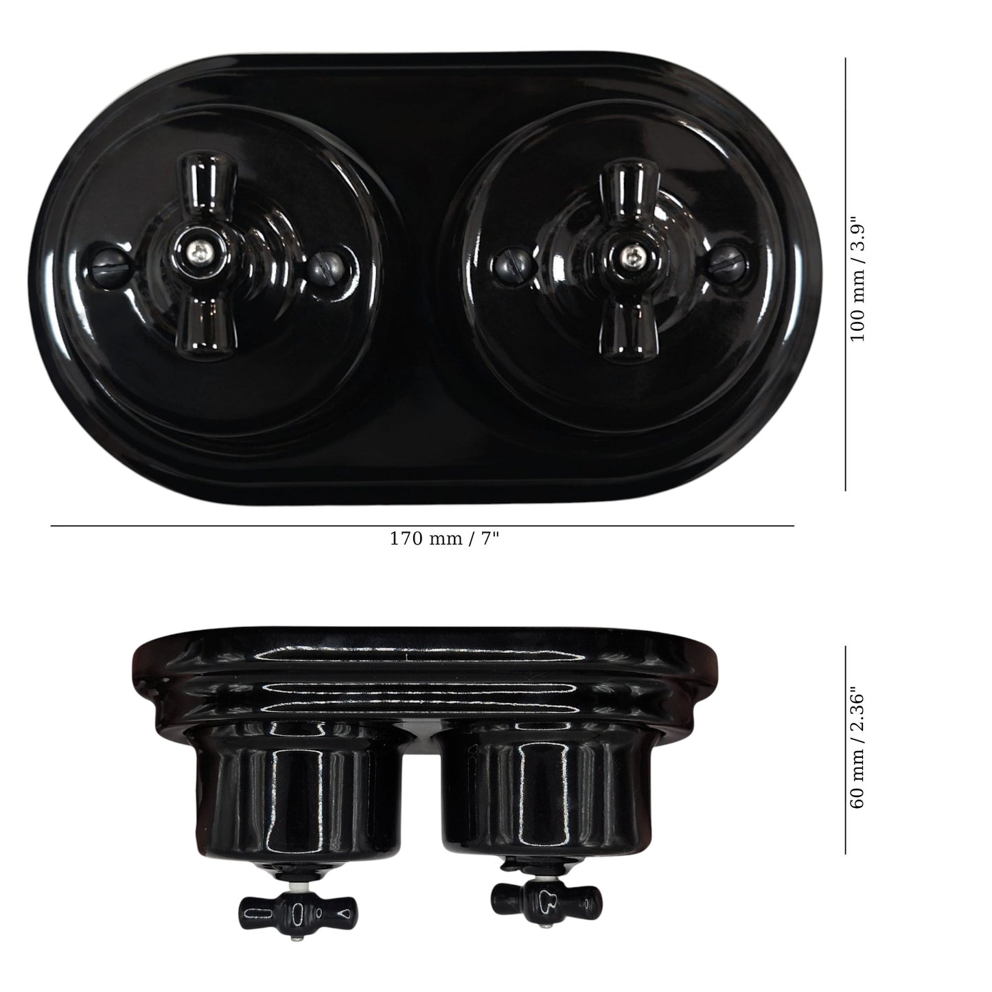 Double Retro Style Black Ceramic Type-2 Double One-Way Rotary Light Switch Surface-Mounted