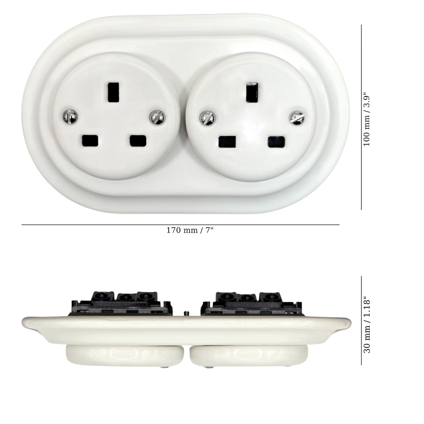Retro style White Ceramic Double UK Type socket Plug UK 3 Prong Flushed-Mounted Vintage Cottage