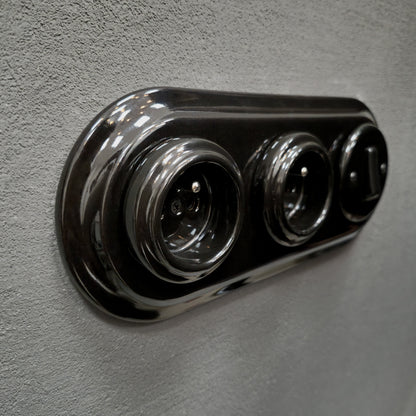 Double black French porcelain socket with light switch, flush-mount, side