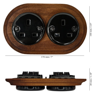 Retro Style Black Ceramic Double UK Type Socket Dark Wood Frame Flushed-Mounted