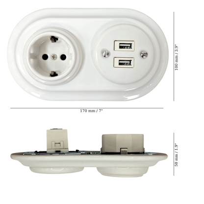 Retro Style White Ceramic German Schuko And 2xUSB Charging Socket SET Flushed-Mounted