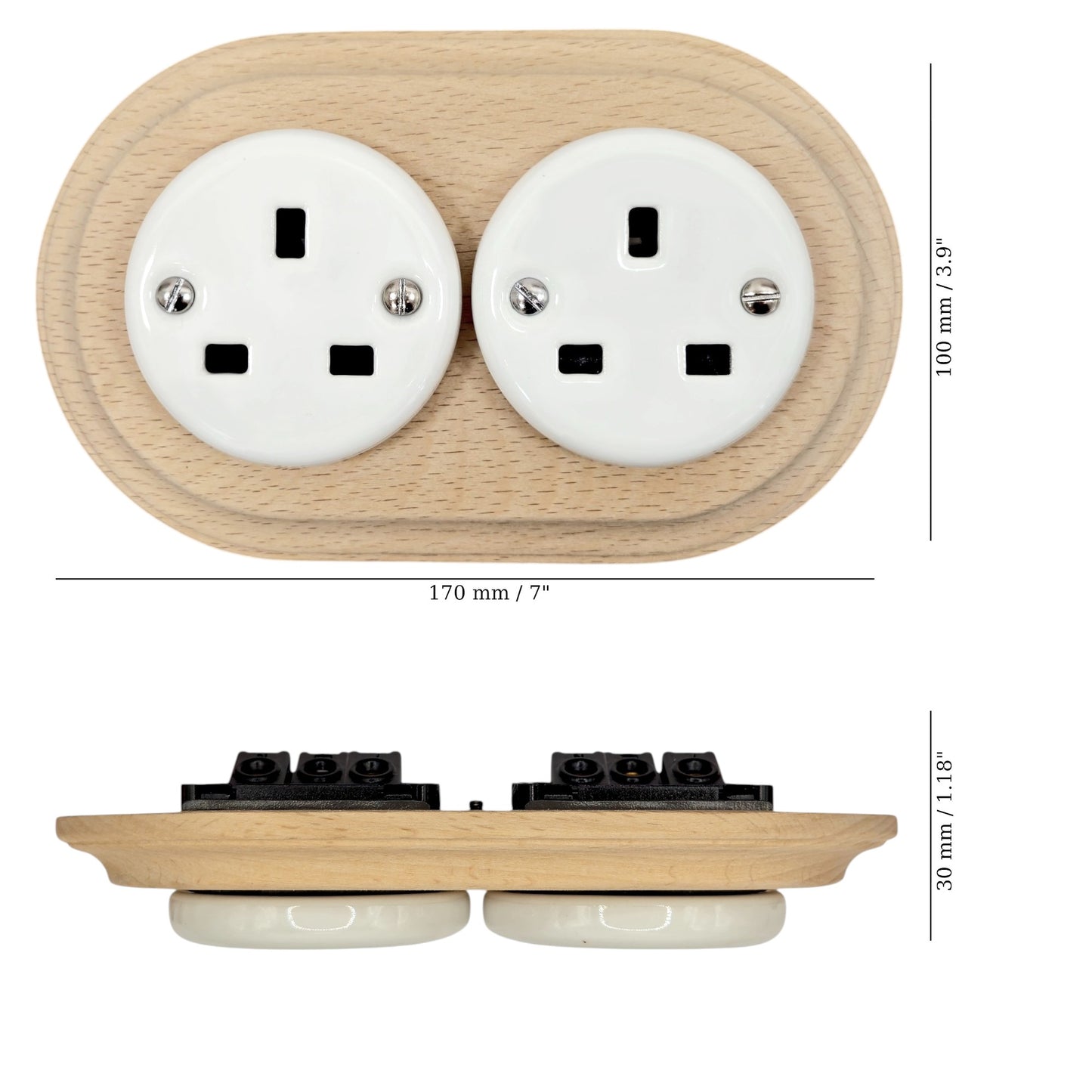 Retro Style White Ceramic Double UK Type Socket Natural Wood Frame Flushed-Mounted