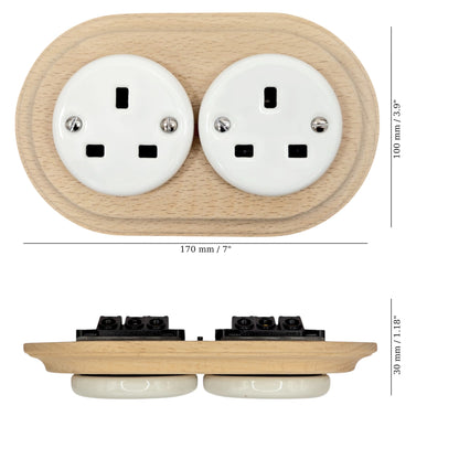 Retro Style White Ceramic Double UK Type Socket Natural Wood Frame Flushed-Mounted