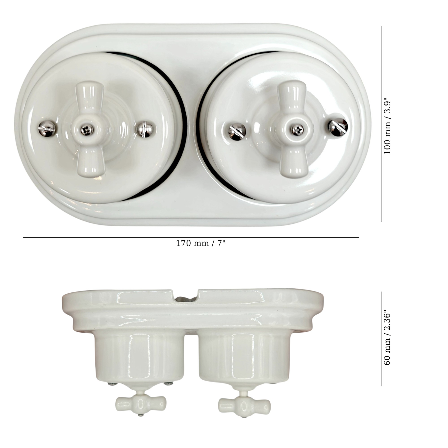 double white porcelain 1gang2way rotary light switch, surface-mount, measurements